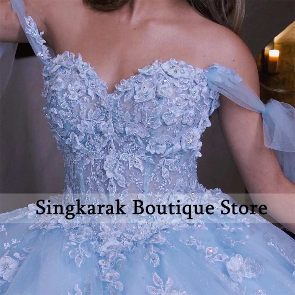 Светильник-голубое платье принцессы Quinceanera с открытыми плечами Кружевная