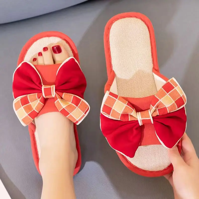 

Тапки женские льняные однослойные, мягкая нескользящая подошва, Симпатичные домашние тапочки с бантом-бабочкой, Летние Повседневные тапоч...