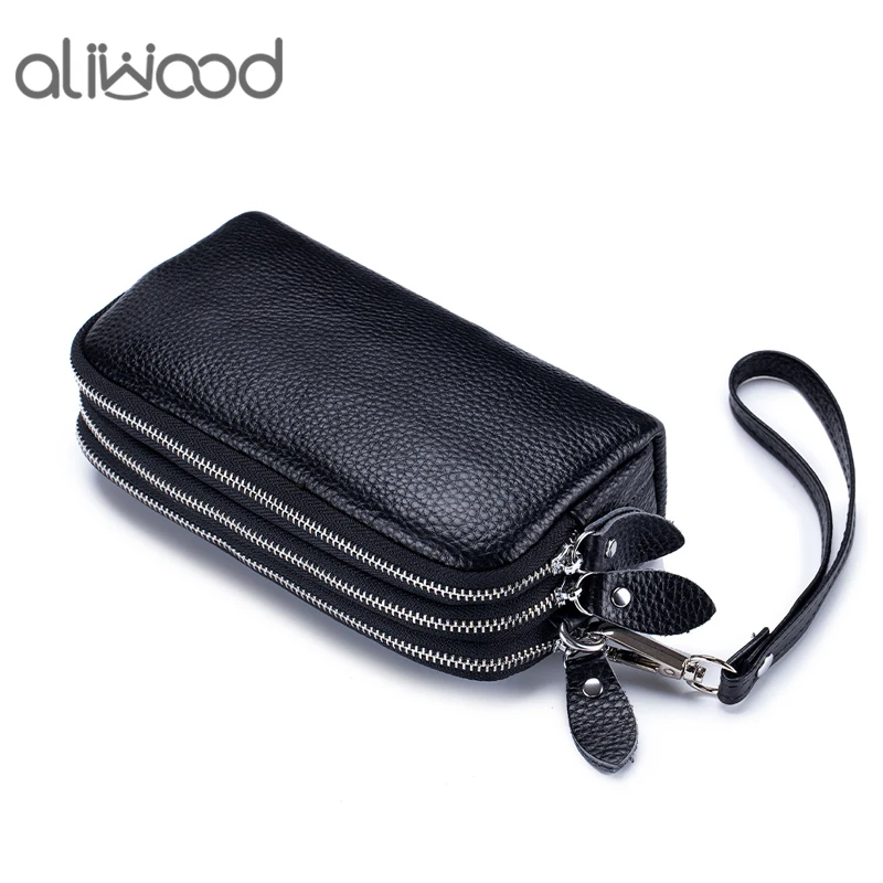 Aliwood High Quality Genuine Leather Long Women's Wallet Cowhide Clutch Bag 3-Layer Zipper Large-Capacity Phone Bags Coin Purse