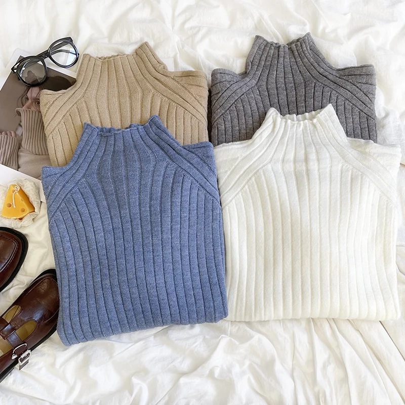 

Solid Pit Stripe Turtleneck Knitted Sweater Blue Khaki White Gray Spring Women Jumper