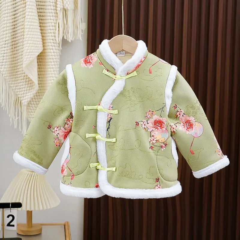 Children's Chinese-style Tang Suit Cashmere Cotton-padded Jacket Clothing Baby Girls Tray Button Warm Winter Vintage Coat