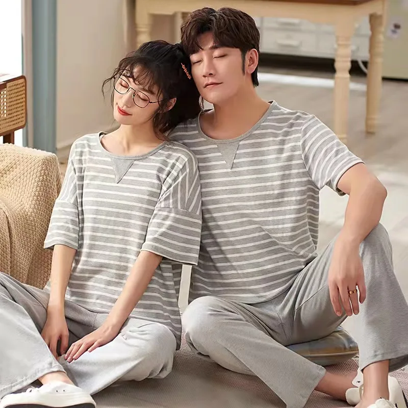 2022 Summer Fashion Women's Casual Lovely   Striped Short Sleeve Sleepwear Homewear Set With Pants Paired Pajamas For Couple's