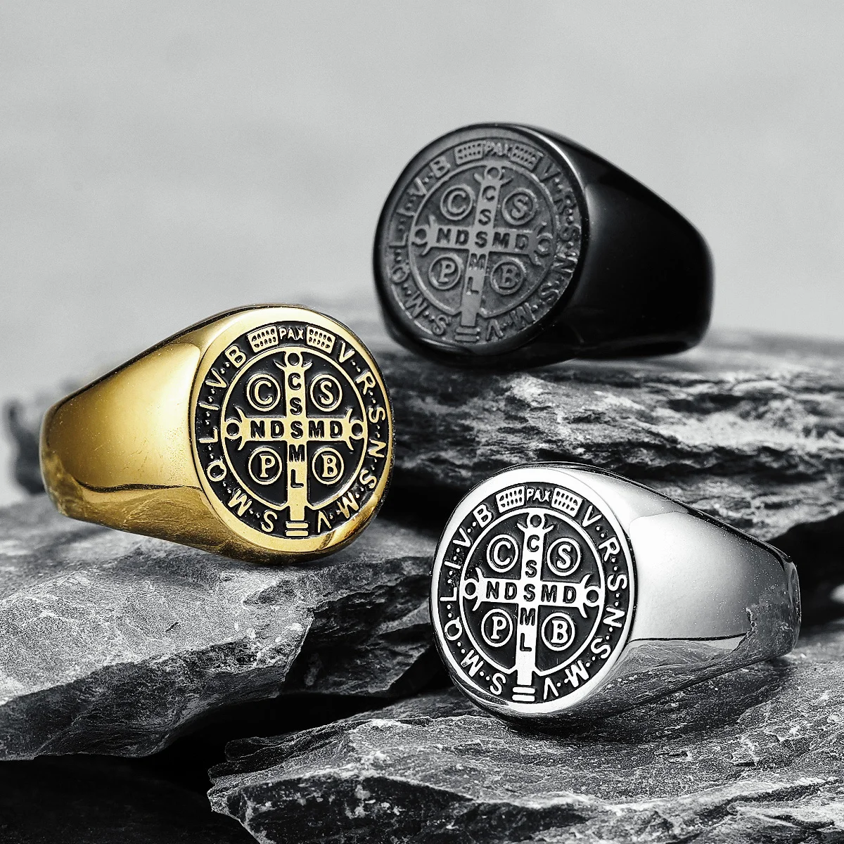 

Exorcism amulet Men Ring 316L Stainless Steel Saint Benedict Rings CSPB Punk Hip Hop for Male Boyfriend Jewelry Creativity Gift