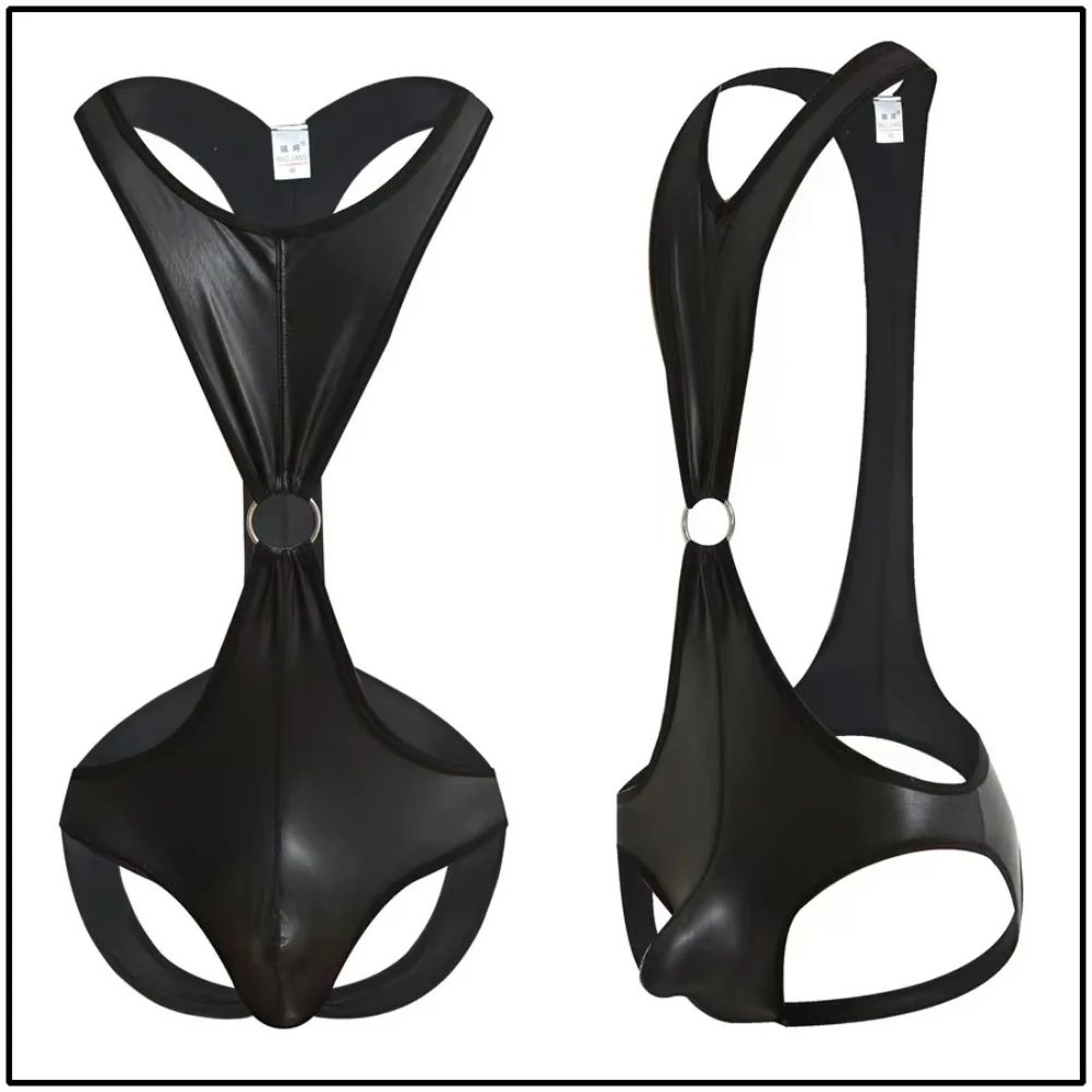 Men's Imitation Patent Leather Wrestling Suit One Piece Suit Beach Corset Back Hollowed Out Briefs Breathable Comfortable