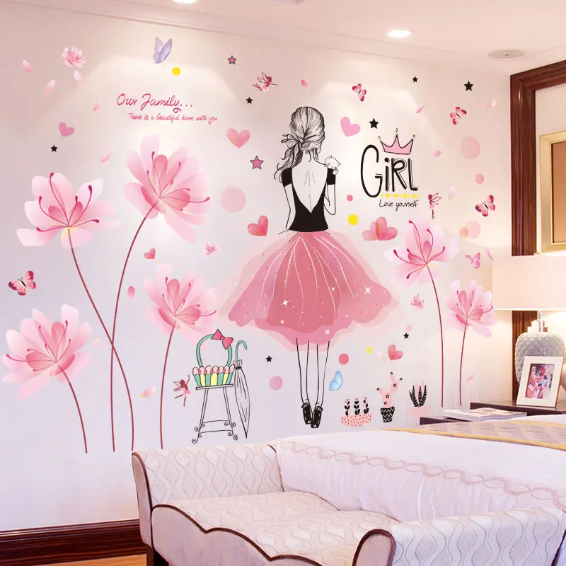 

Pink Flowers Plants Wall Stickers DIY Cartoon Girl Wall Decals for Kids Rooms Baby Bedroom Kindergarten Nursery Home Decoration