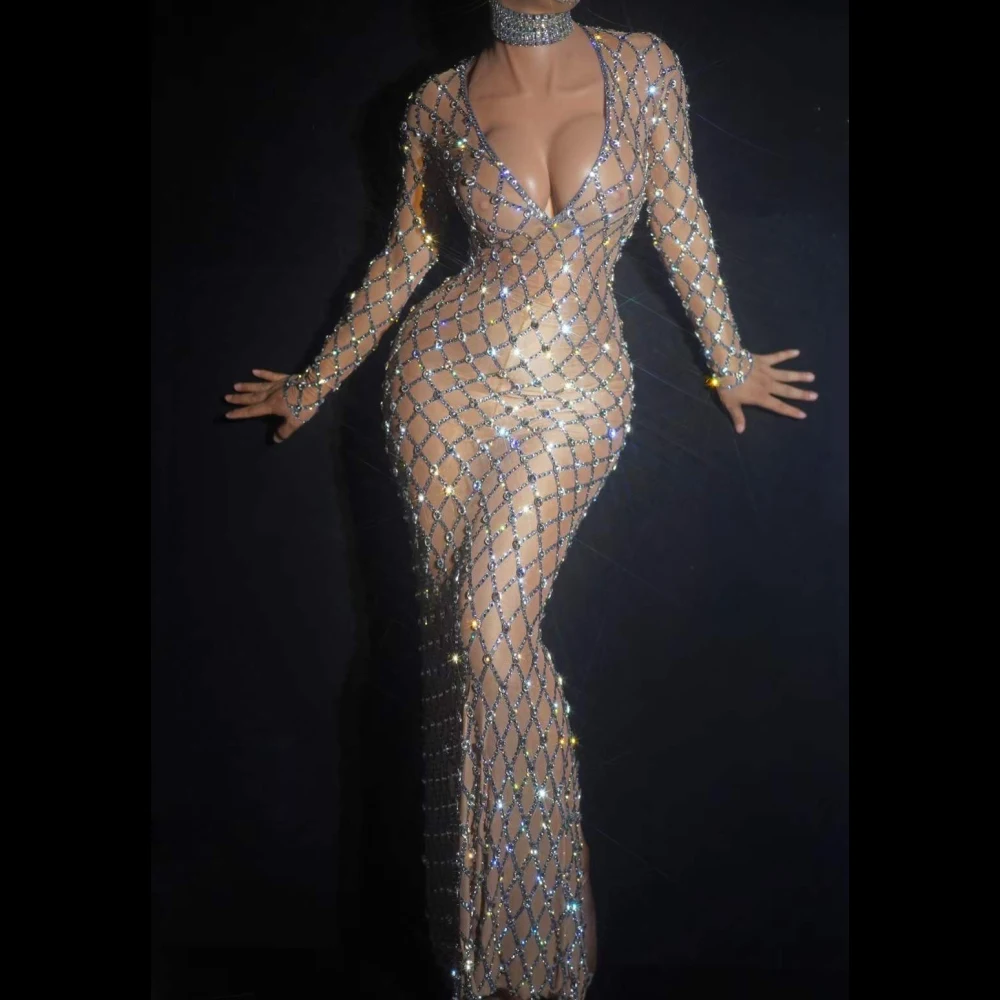 

Nude Shining Rhinestones Mesh Long Sleeve V-Neck Sexy Women Dress Evening Banquet Party Cloth Stage Prom Club Singer Costumes