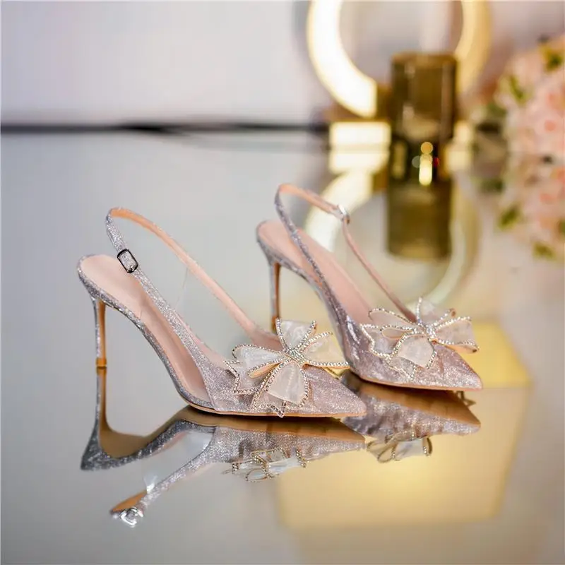 Footwear Closed Sandals for Women Thin Heels Ladies Shoes Stiletto Summer 2023 Diamond Bow Silver Rhinestones Pointed Toe Sandal
