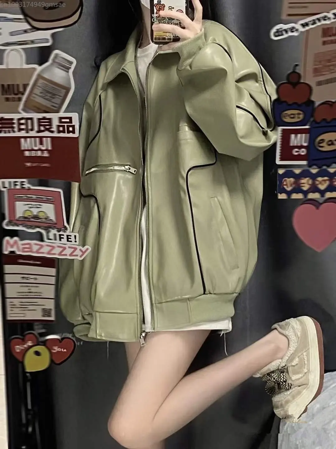 Street Motorcycle PU Leather Jacket Women's 2022 Spring  Autumn Br Loose Bf Baseball Jacket Oversize Light Green Girl Coat