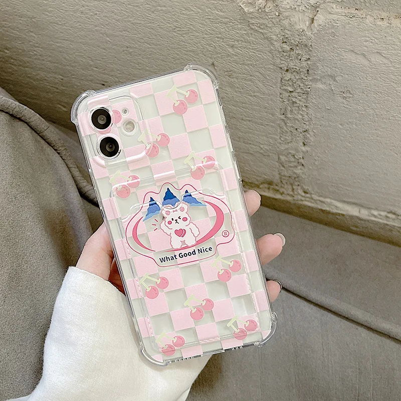 

Pink Cherry Checkerboard Phone Case with Card Holder For iPhone 14 12 13 11 8 7 Pro MAX XR X XS Silicone Shockproof Bumper Cover
