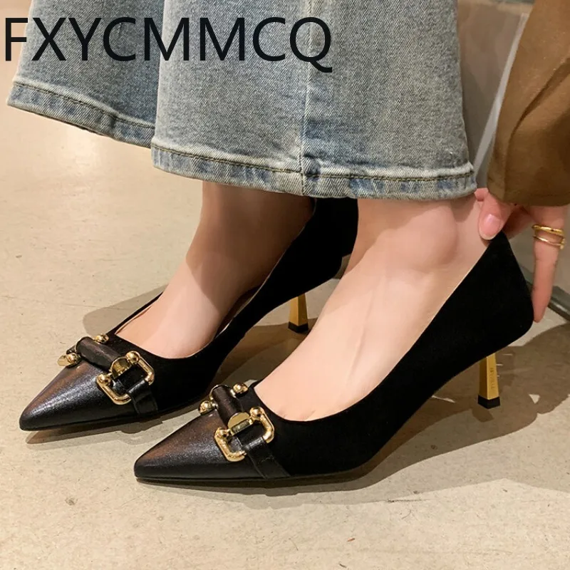 Женские кожаные туфли FXYCMMCQ с металлической пряжкой на шпильке острым носком