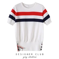 tb short sleeved womens summer new striped t shirt ice silk knitted bottoming shirt college wind top thin section