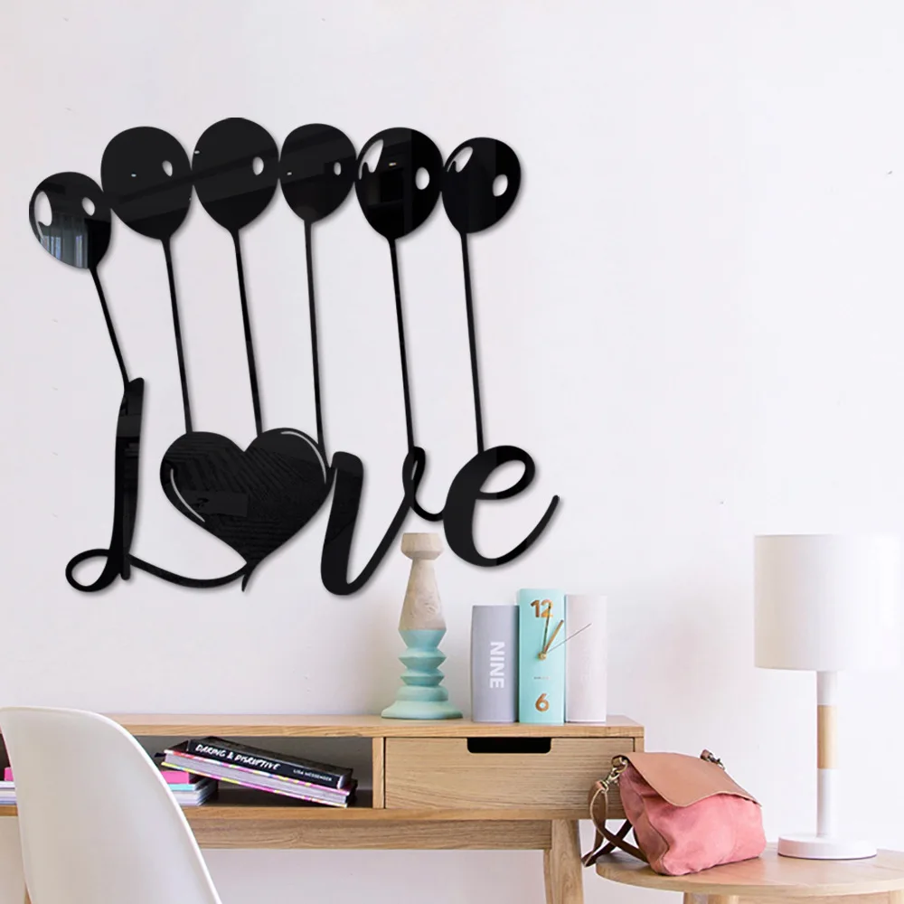 

3D Love 2mm Acrylic Mirror Sticker Home Decor Self Adhesive Mirror Wall Sticker gold silver black color DIY sticker painting