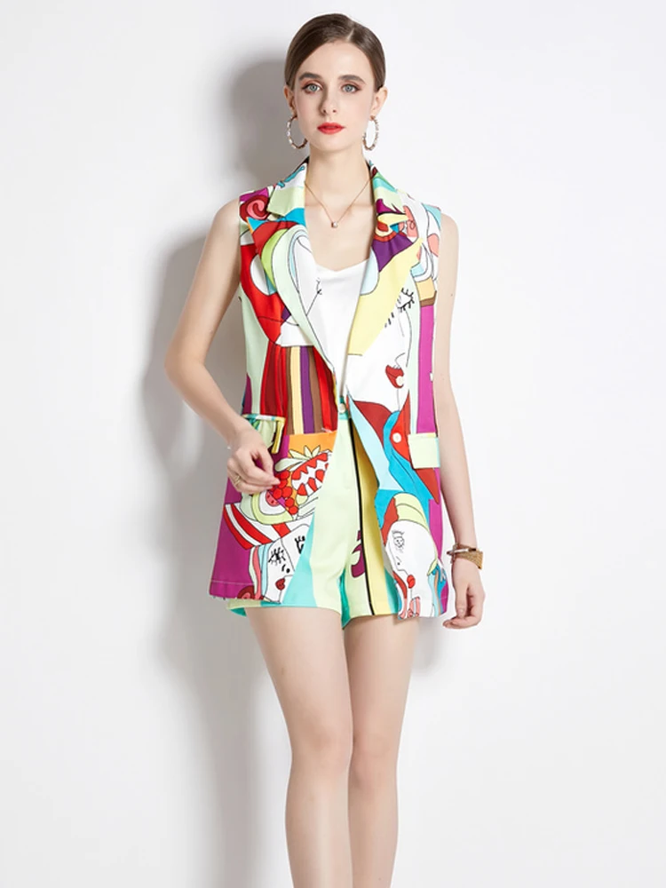 

Autumn Fashion Runway Cartoon Print Notched Vest+Shorts Suit 2 Piece Matching Sets Elegant Office Lady Cute Outfits