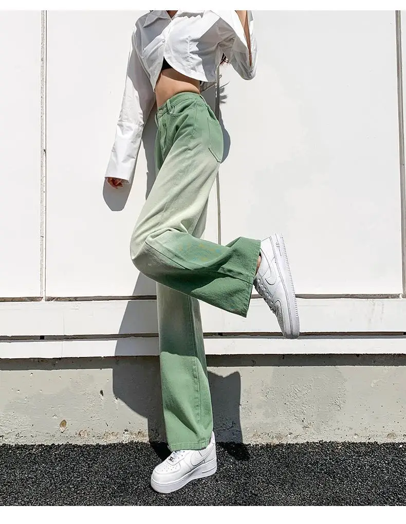 

Green Straight Jeans Pants for Women Straight Korean Loose Long Women Summer Girl Trousers Denim Streetwear Pants