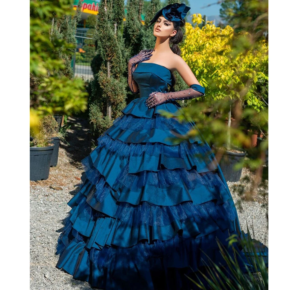 

Women Prom Dress Tiered Strapless Satin Floor Length Luxury Birthday Party Summer Elegant Evening Gowns Vestidos De Gala
