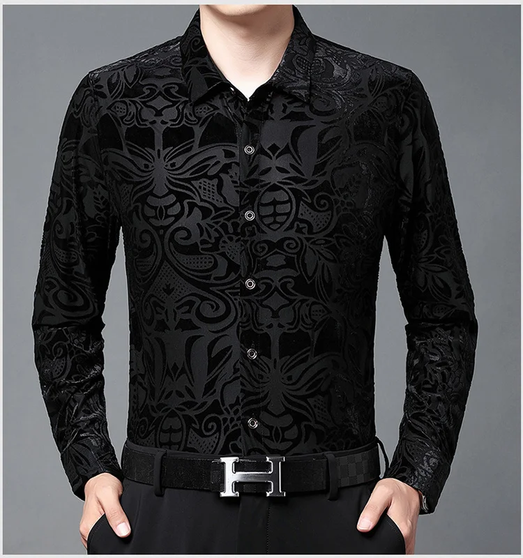 

Новинка весна-осень тонкая мужская шелковая бархатная рубашка с вырезами модная однотонная Повседневная рубашка модные топы