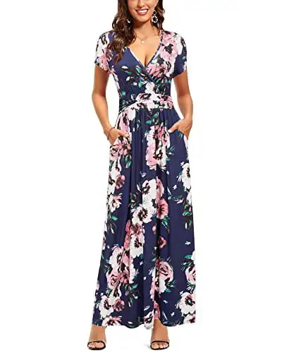 

Summer Short Sleeves Dress Wrap Waist Maxi Dresses with Pockets,L Floral Pink