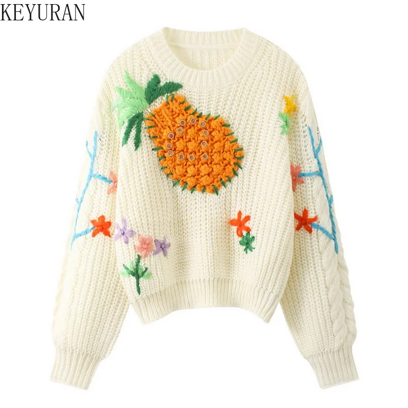 

Autumn Winter 3D Pineapple Flower Embroidery Sweater Pullover Women Vintage O-neck Long Sleeve Casual Loose Knitwear Tops Jumper