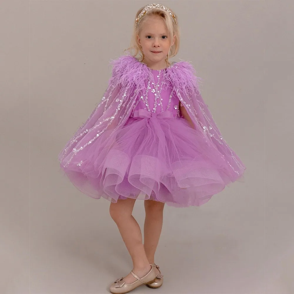 

Очаровательные фиолетовые платья с цветочным принтом для девочек с накидкой, платье-пачка для танцев, дня рождения, детское платье для выпускного вечера и конкурса