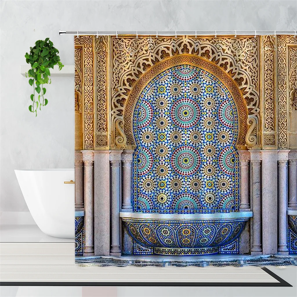 

3D Moroccan Shower Curtain Aged Gate Geometric Pattern Doorway Design Entrance Architectural Oriental Style Bathroom Curtains