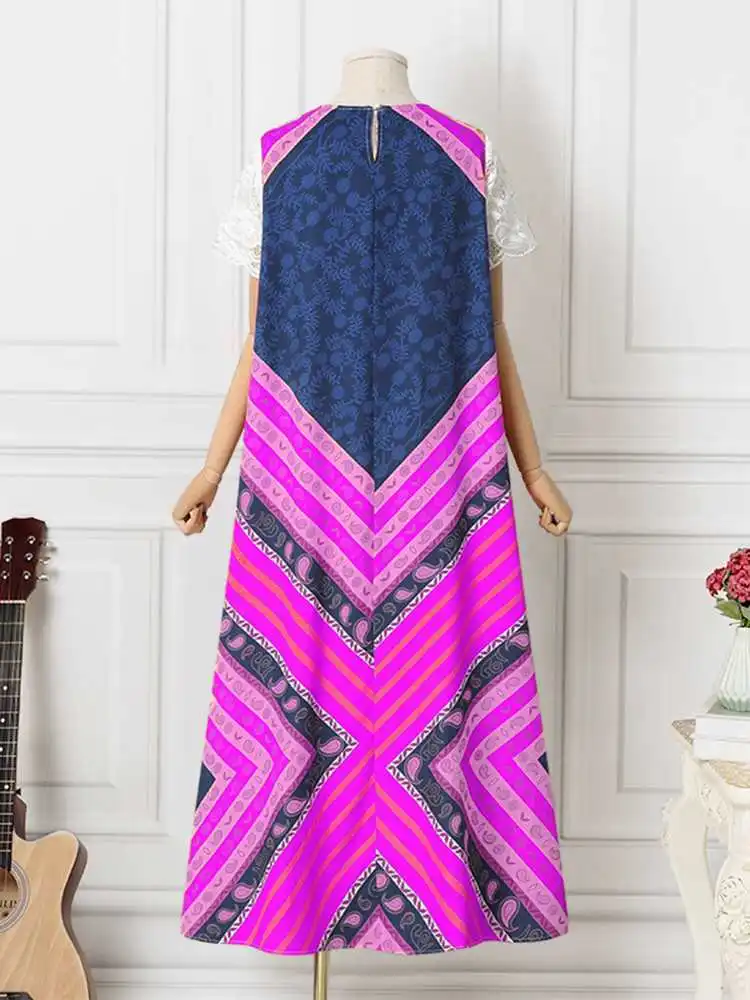 VONDA Plus Size 5XL 2023 Summer Dress Lace Maxi Sundress Women Short Sleeve Casual Print Party Elegant Patchwork Beach Robe