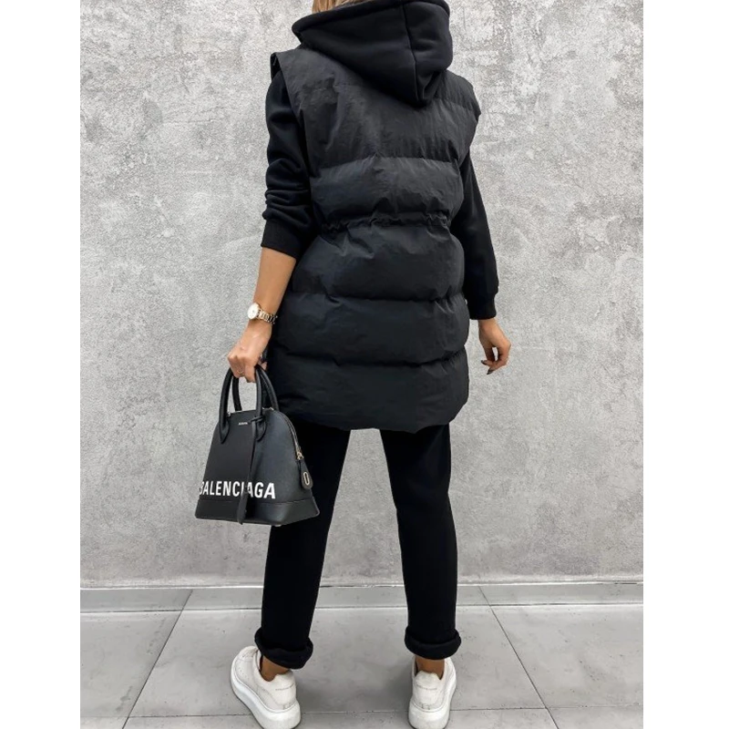 

2023 New Lugentolo Winter Waistcoat Women Sleeveless Padded Jacket Loose Stand-up Collar Zipper Pocket Streetwear Vest