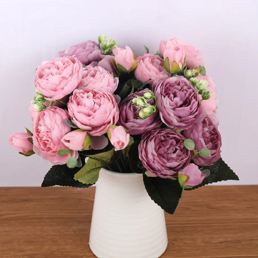 

30cm Rose Pink Silk Bouquet Peony Artificial Flowers 5 Big Heads 4 Small Bud Bride Wedding Home Decoration Fake Flowers Faux