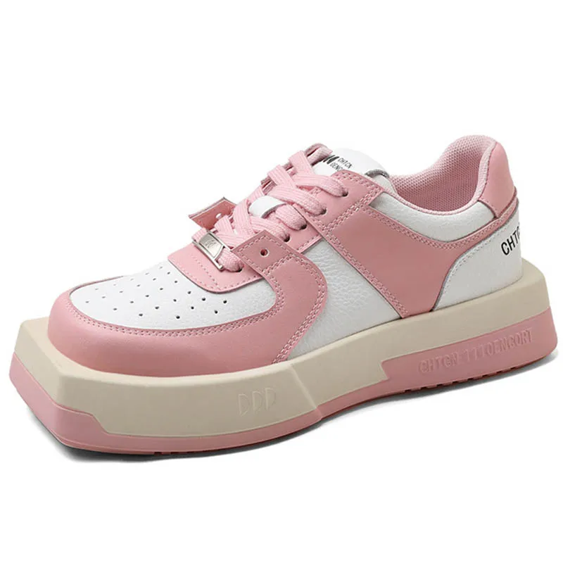 Personality Platform Women's Sneakers Leather Fashion Lace-up Square-Round Toe 2023 New Fashion Chunky Sneakers Woman