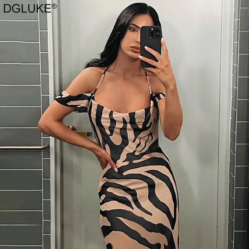 

Off Shoulder Zebra Print Maxi Dress Criss Cross Backless Long Beach Dress Women Summer Elegant Party Dresses Skinny