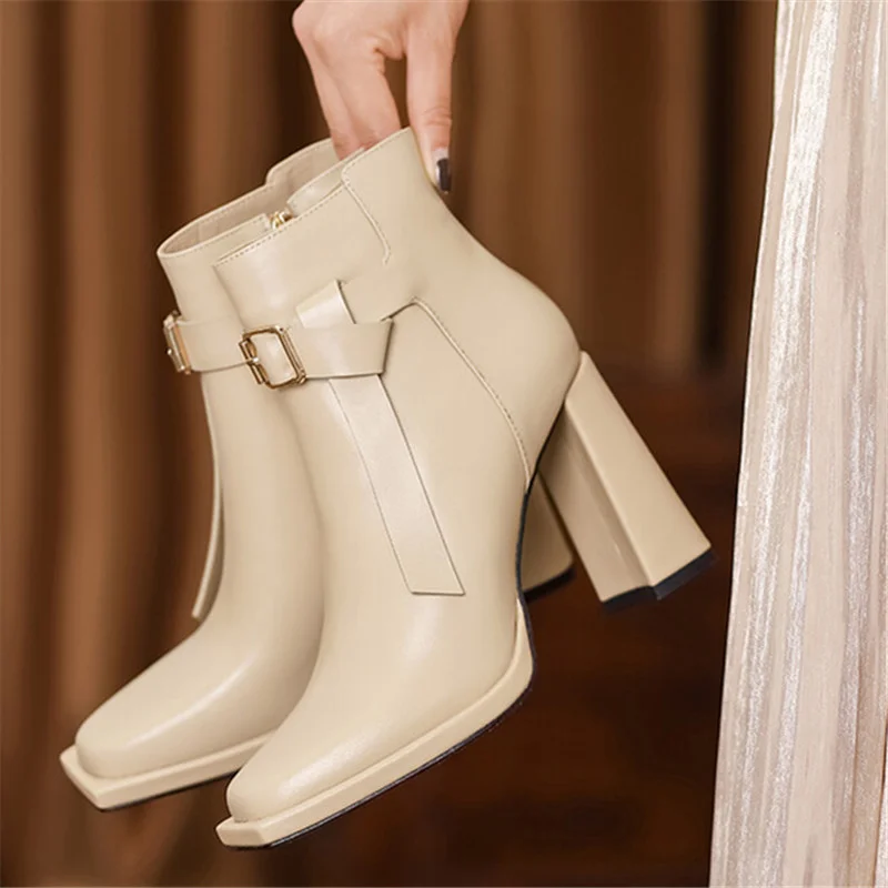 

Ochanmeb Women Natural Genuine Leather Boot Black Beige Thick High Heels Square Toe Belt-buckle Bowtie Ankle Boots Autumn Winter