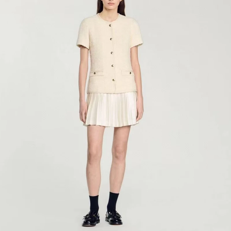 Женское твидовое плиссированное платье короткое из двух частей French Chambray Fake юбка