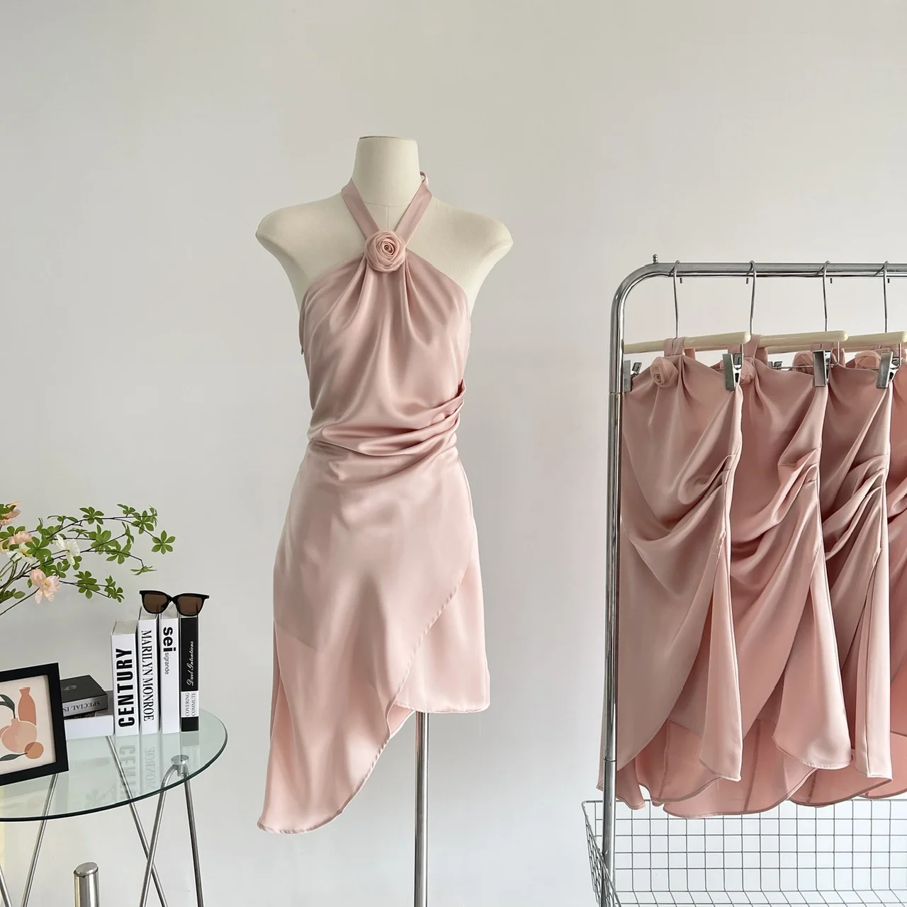 

Y2K Ruched Fairy Dress Women Sexy Satin Mini Bodycon Dress Summer Rose Pink Irregular Beach Party Club Outfits Dresses 2023
