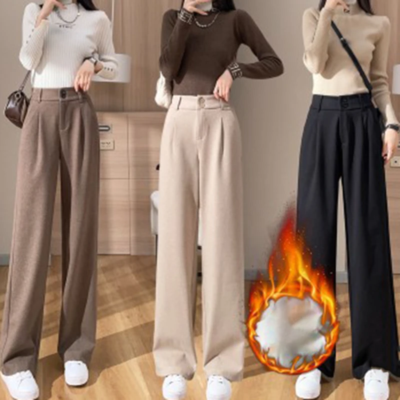 

Woolen Wide-leg Pants Women Fall Winter 2023 Black Elastic High-waisted Trousers Female Vintage Thick Slim Fit Straight Pant