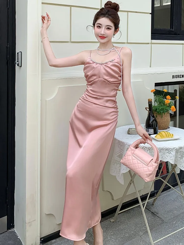 Элегантные однотонные атласные женские платья сексуальное платье на тонких