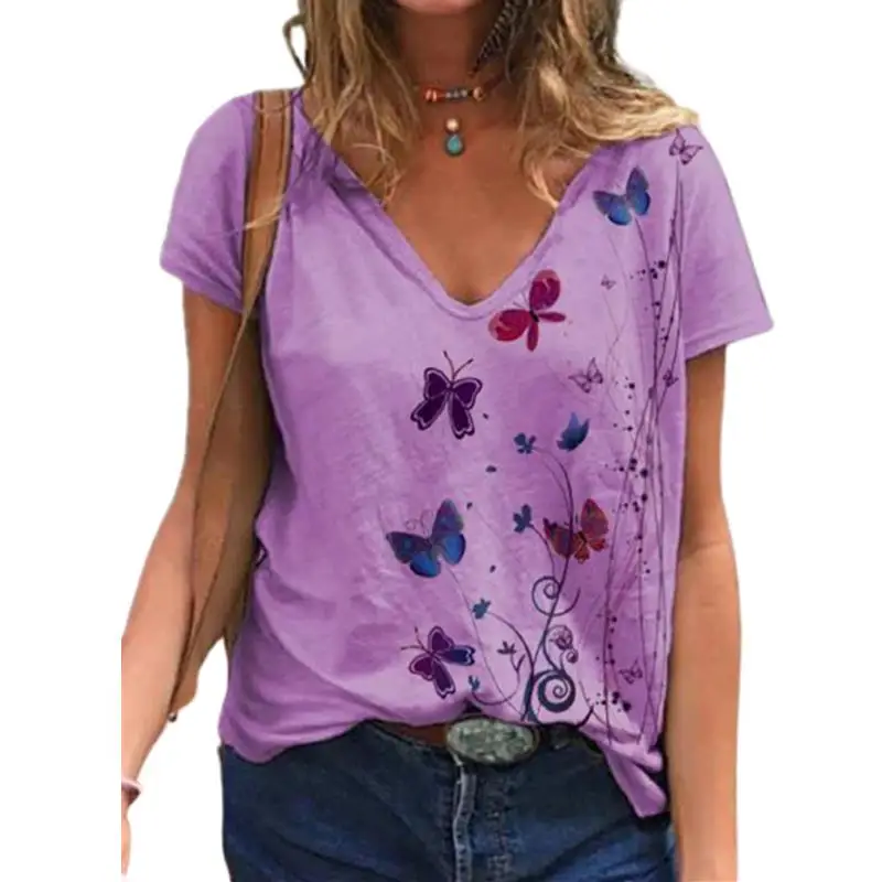 Женская футболка с коротким рукавом и V-образным вырезом размеры до 3XL |