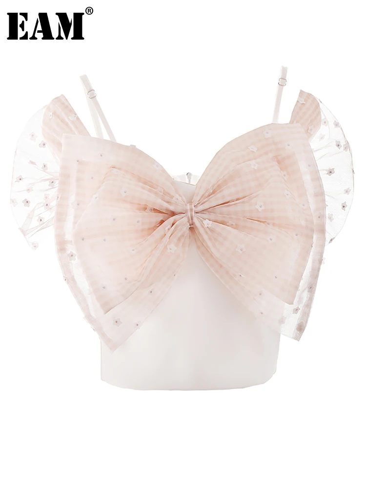 

[EAM] женские зеленые сетчатые элегантные топы на бретелях с бантом, новые модные топы без рукавов с v-образным вырезом, весна-лето 2022 1DE8229