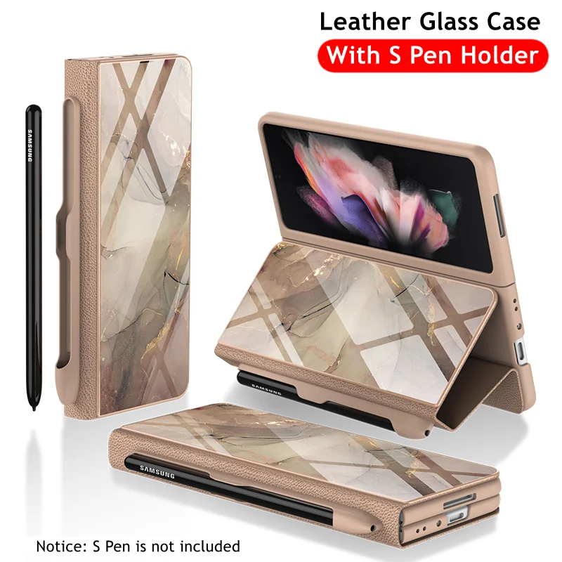 

Кожаный чехол-книжка с держателем для ручек для Samsung Galaxy Z Fold 3, стеклянный и кожаный S чехол с отделением для ручки для Galaxy Z Fold3 (без ручки)