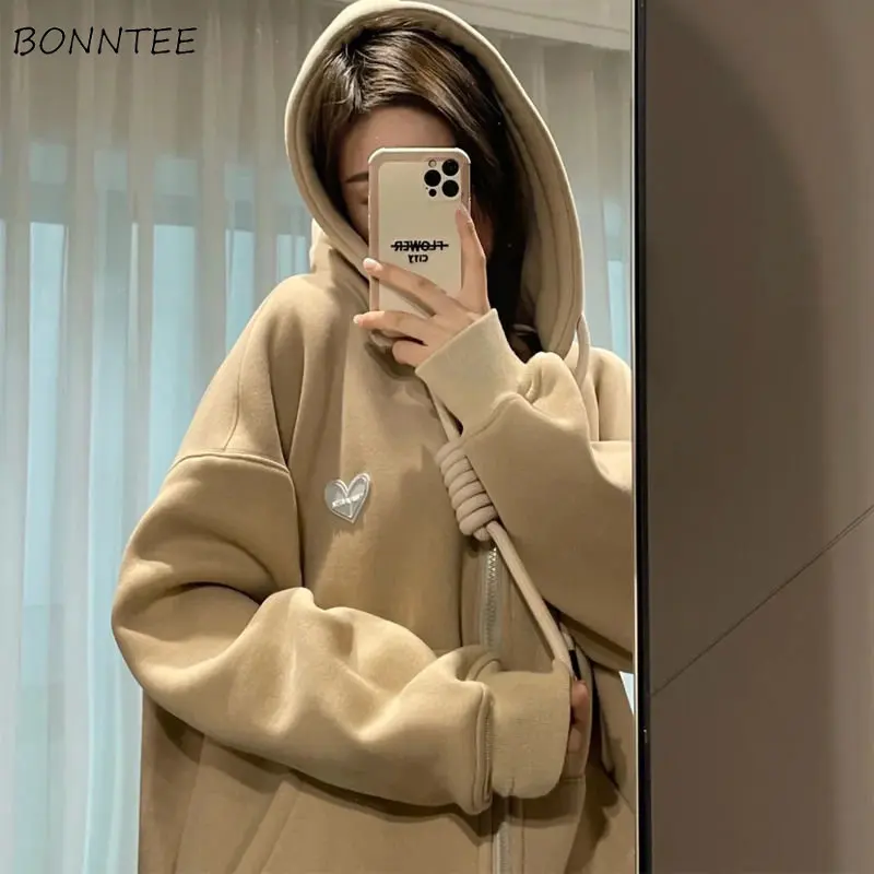 

With Hat Hoodies Women Sudadera Con Capucha Stylish Zipper Cozy Warm Vintage Simple Loose Streetwear All-match Fashion Popular