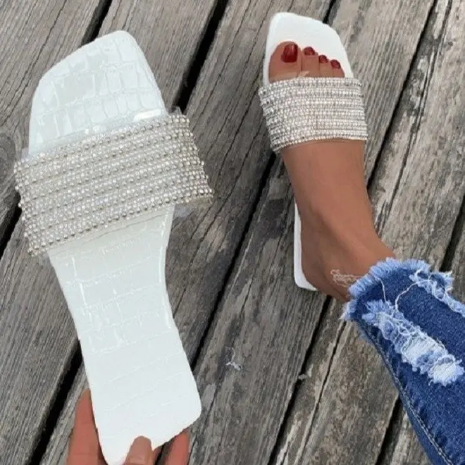 

Plus Size Women's Shoes Square Head Braided Beaded Decorative Slippers Women's Comfortable All-match Flat Casual Flip Flops