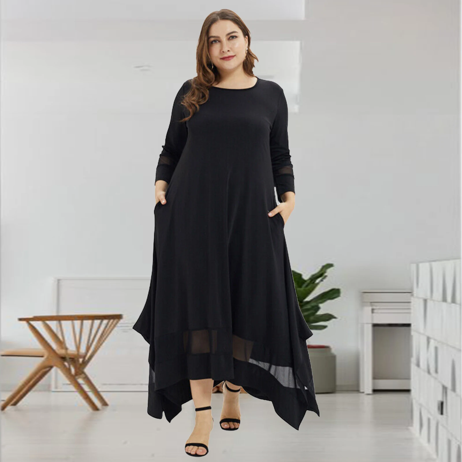 Женское модное однотонное платье-макси с круглым вырезом, прозрачное свободное черное платье с длинным рукавом
