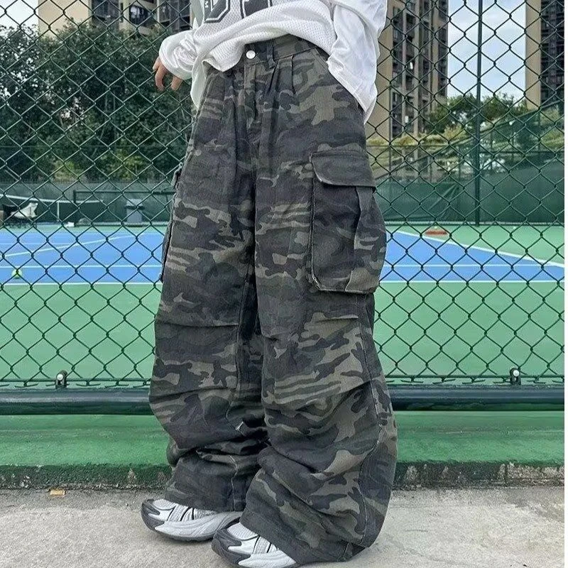 Женские камуфляжные широкие брюки унисекс с большими карманами уличные прямые