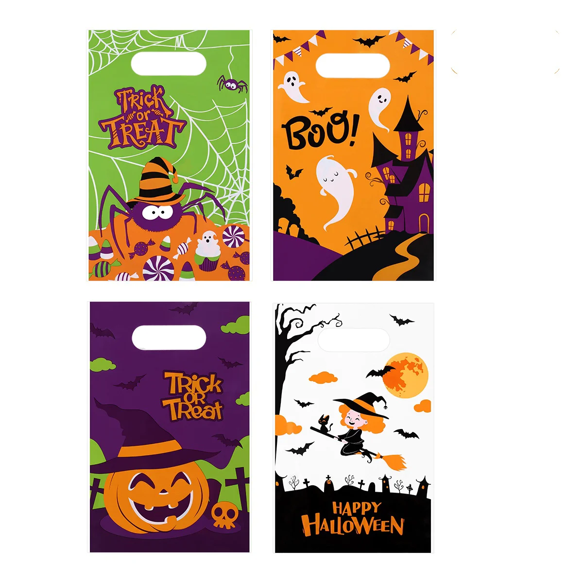

Hemoton 100pcs Halloween Plastic Bags Candy Bags Portable Reusable Trick or Treat Bags 4 Patterns Handy Gift Bags Goody Bags