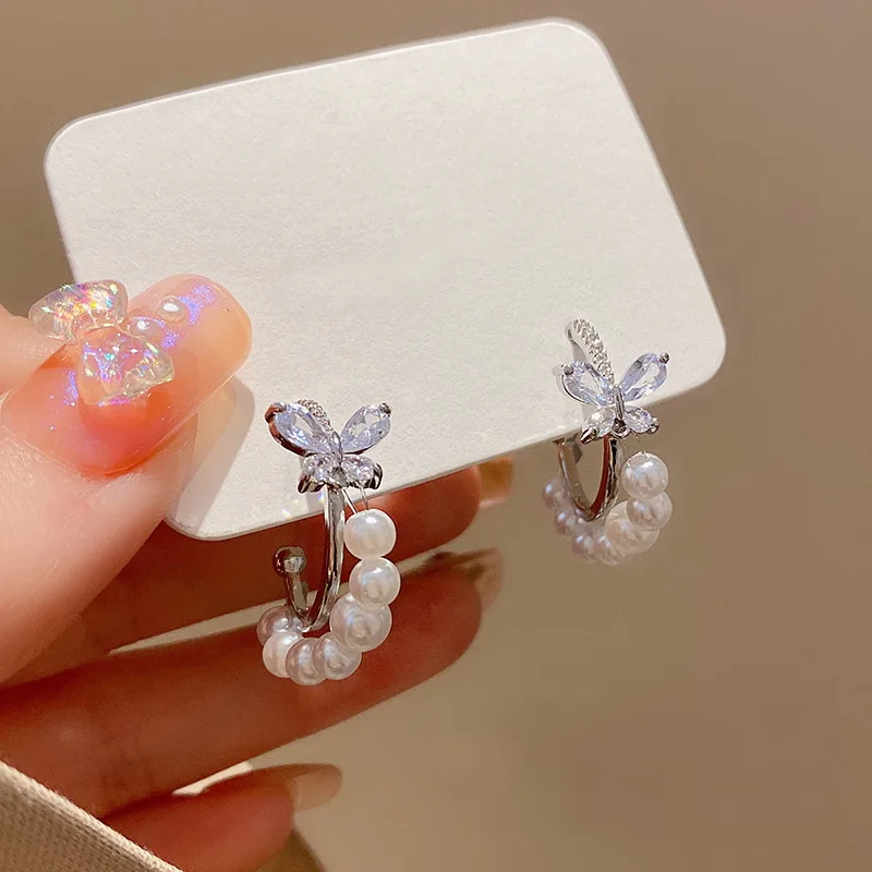 

New Korean Light Luxury Butterfly Pearl Stud Earrings For Women Crystal Zircon Flower Temperament Earring Wedding Party Jewelry