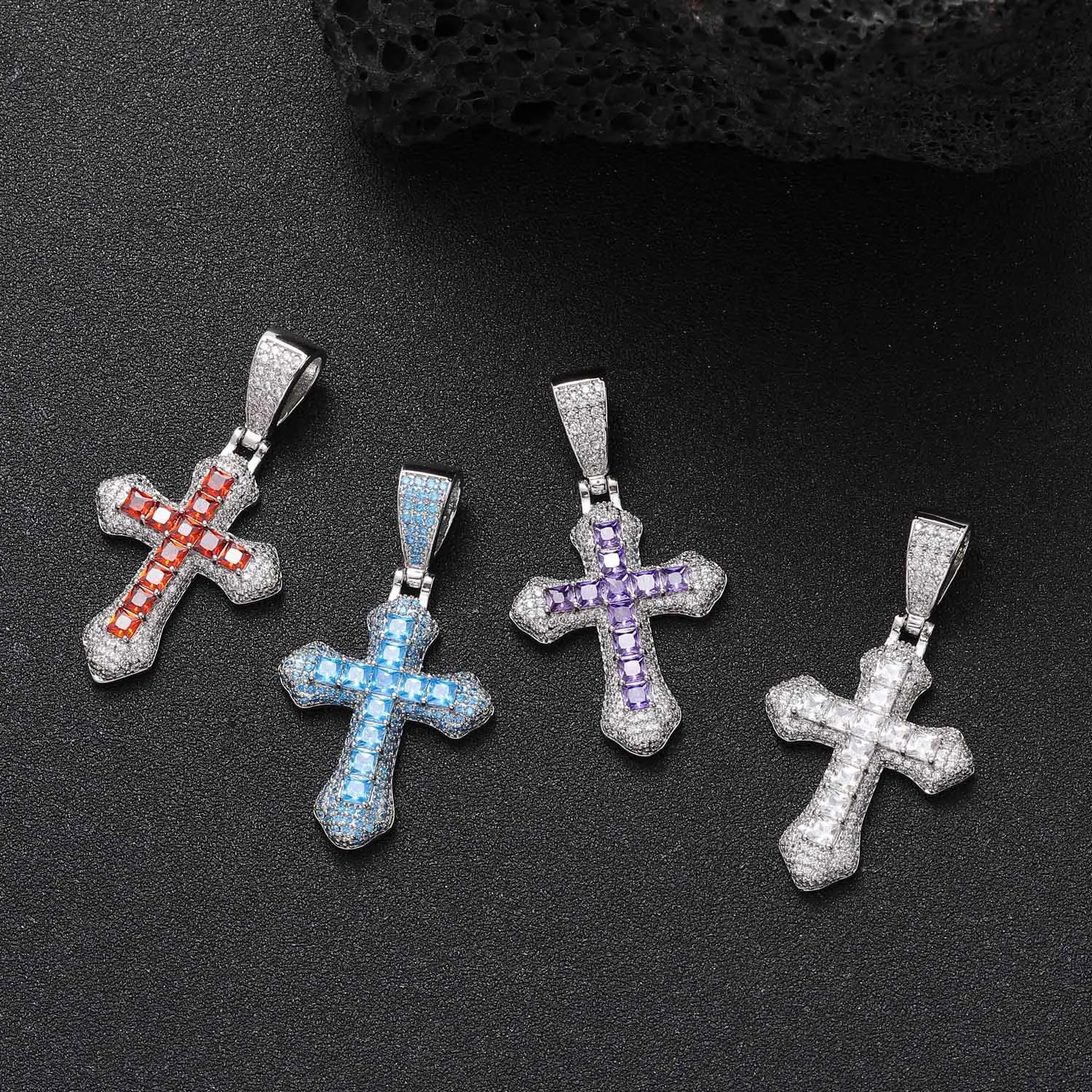 

Ожерелье в стиле хип-хоп с подвеской в виде синего Креста, уличное модное мужское и женское универсальное ожерелье с фиолетовым и красным Цирконом