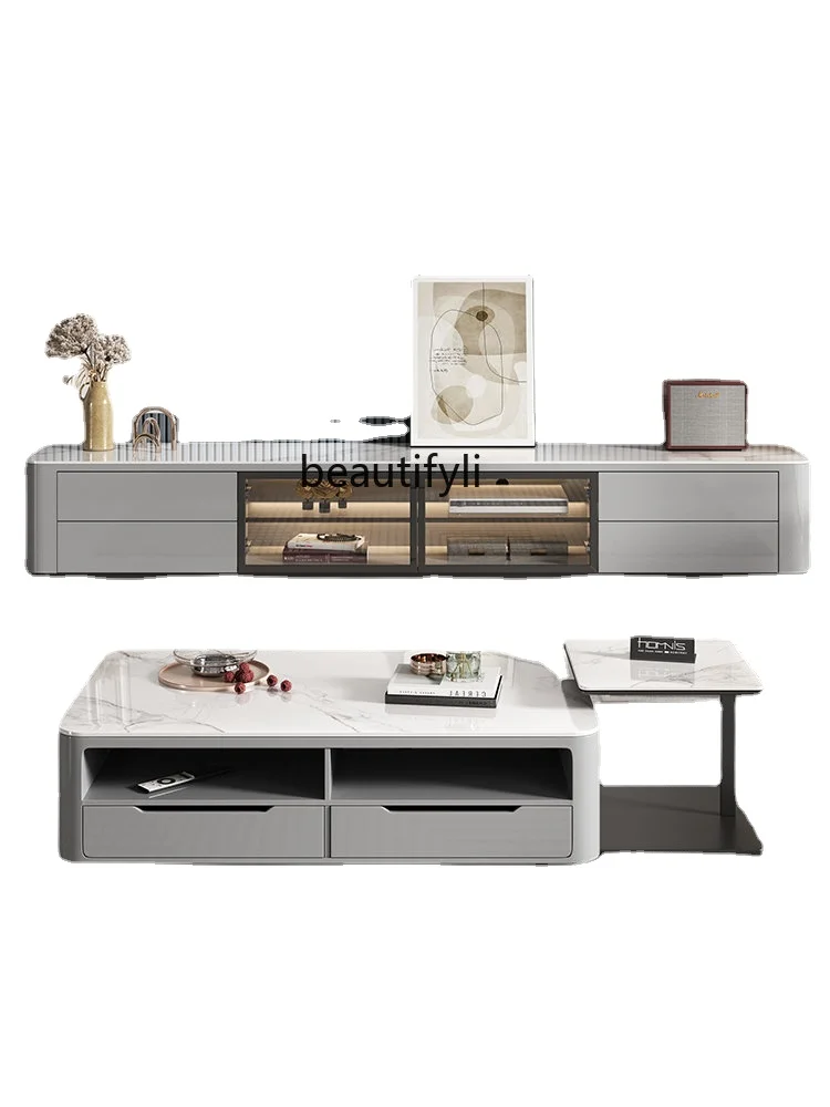 

cqy Stone Plate TV Cabinet and Tea Table Combination Modern Minimalist Living Room Storage Minimalist Wall Cabinet