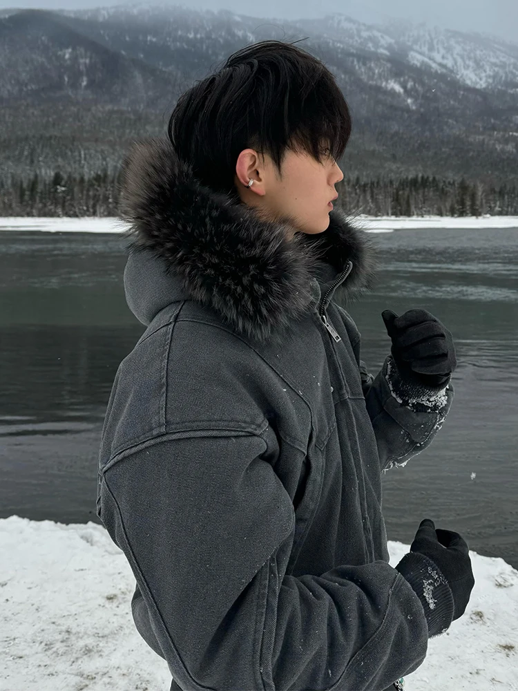Black Catsstac Mountain Carving Second Generation Fleece-lined Cotton-Padded Coat Outerwear Men's Winter Thickened Warm Fur C...