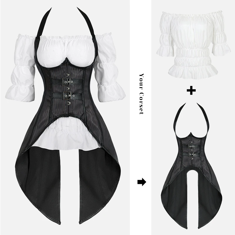 

Steampunk Corset Striped Long Straps Bustier Korsett Vest Top with White Gothic Blouse Plus Size Burlesque Costume Black