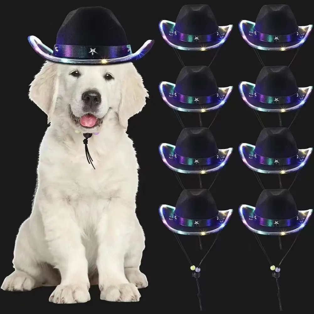 

Pet Cowboy Hat Scarf Set Festive Pet Costume Adjustable Dog Cowboy Hat Bandana Set with Lights Classic Funny Dog for Party