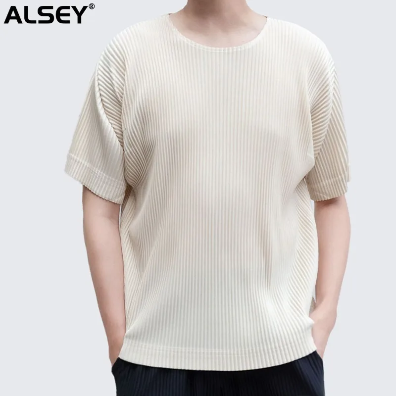 

Футболка ALSEY Miyake мужская с коротким рукавом, плиссированная тонкая дышащая модная повседневная рубашка свободного покроя, одежда на лето