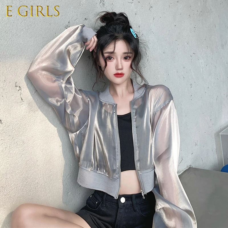 E GIRLS Harajuku Transparent Thin Crop Jacket Womens Summer Streetwear Loose Organza Bomber Baseball Jacket Basic Coat Outerwear